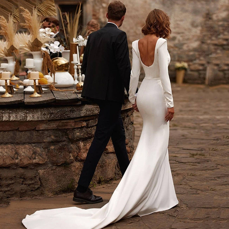 White Satin Long Sleeve Fish tail Wedding Dress