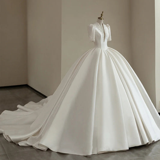 Mid Sleeved V-neck Satin Wedding Dress