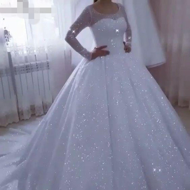 Tulle Sequined Plus Size Long Sleeve Glittering Ball Gown