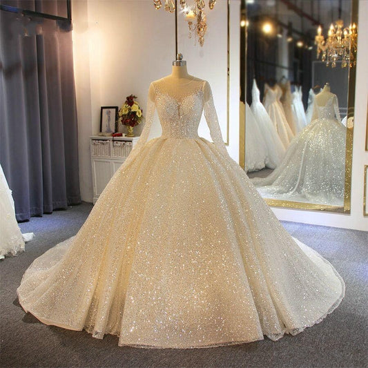 Long Sleeve Round Neck High Waist Ball Gown