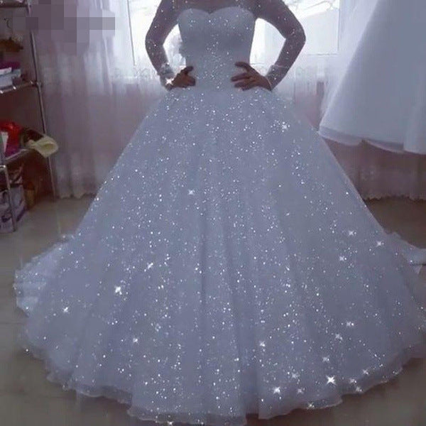 Tulle Sequined Plus Size Long Sleeve Glittering Ball Gown