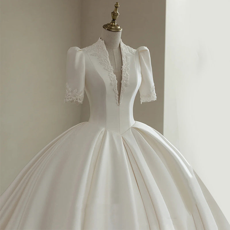 Mid Sleeved V-neck Satin Wedding Dress