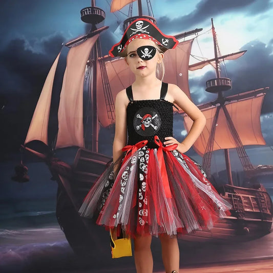 2023 New Pirate Costume Girl Halloween Costume Children's Party Cosplay Costumes Pirate Captain Girl Mesh Tutu Dress Baby Kid