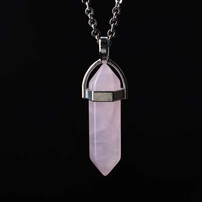 1PC Natural Crystal Mineral Ornament Rose Quartz Crystal Hexagonal Point Healing Stone Simple Pendant For Men Women Jewelry