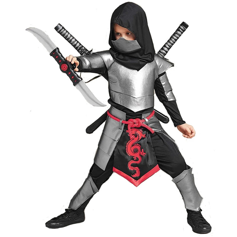 2023 New Arrival Child Dragon Ninja Halloween Cosplay Silver Ninja Costume For Boys Kids Christmas Carnival Purim Clothes