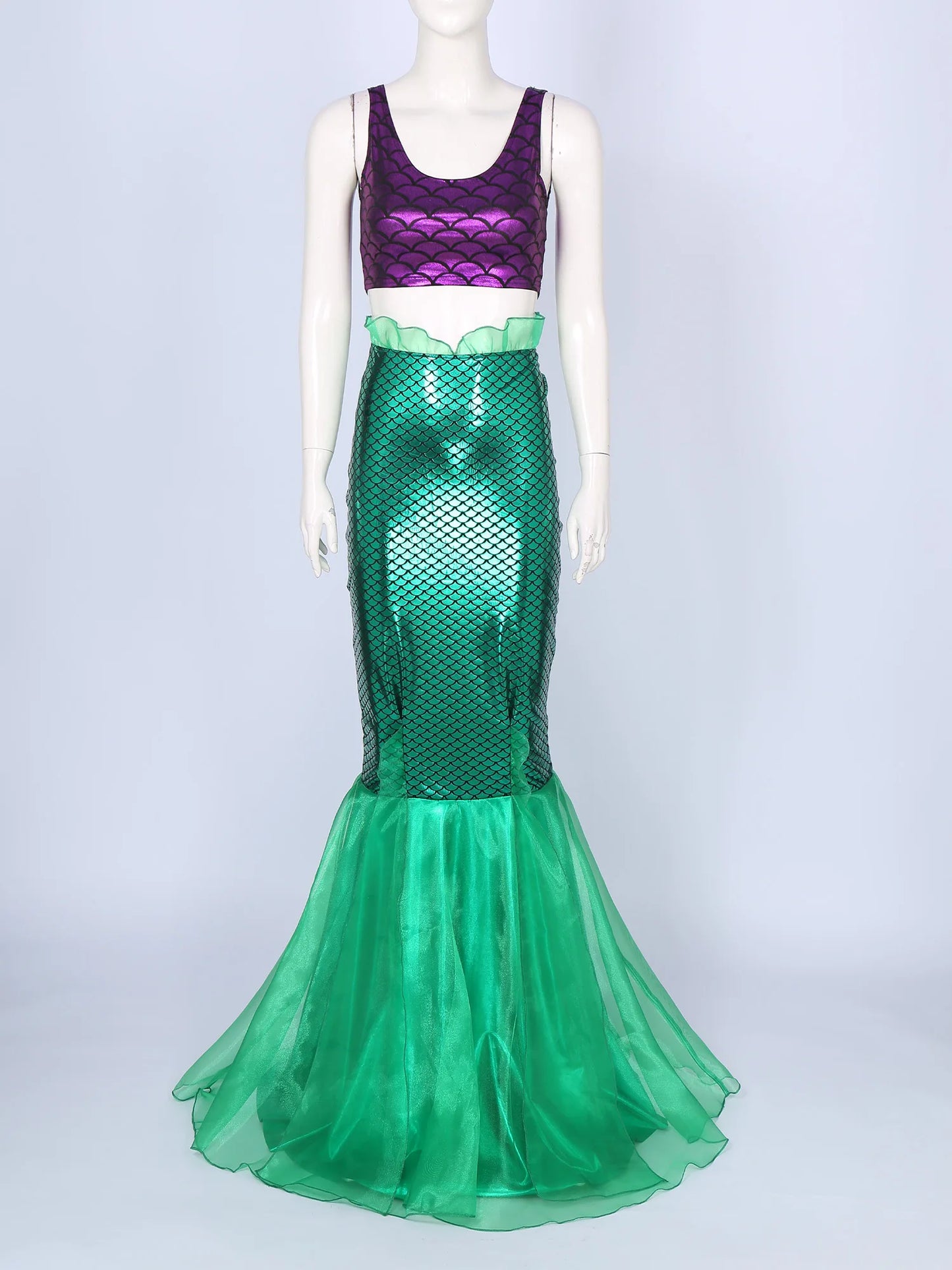 Women's Mermaid Cosplay Role Play Costumes Mermaid Tail Themed Party Fancy Dress Up Sleeveless Tank Top Tulle Fishtail Skirt Set