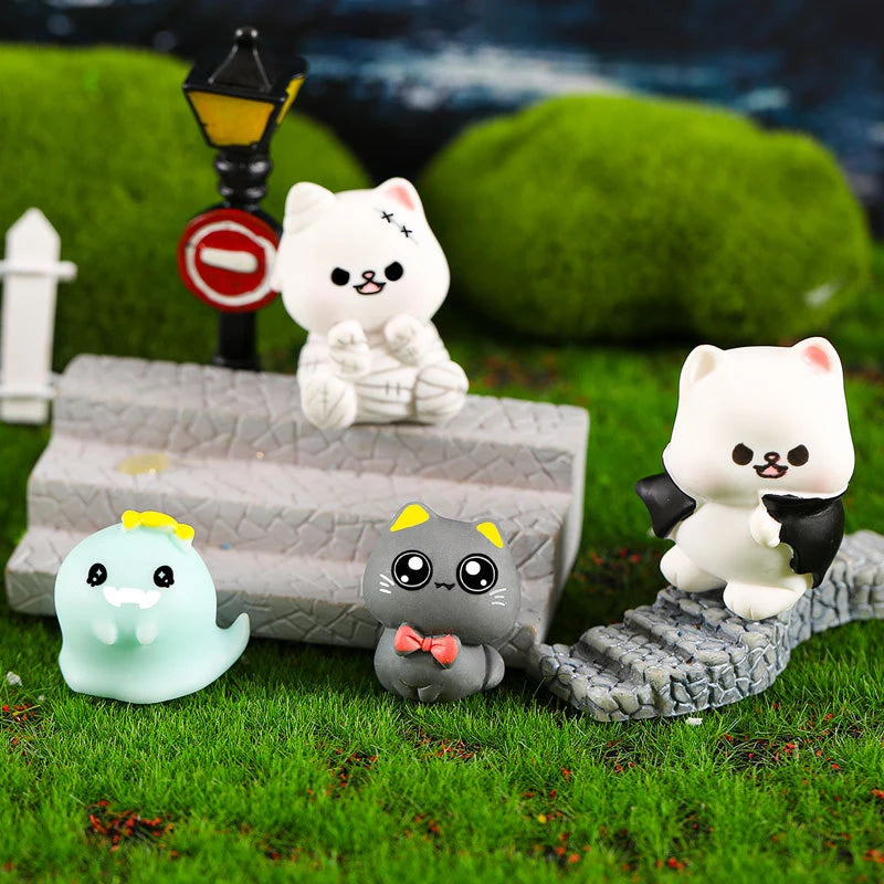 1Set Mini Halloween Ornament Cartoon Zombie Kitten Bat Ghost Candy Pumpkin Cross Micro Landscape Decor Dollhouse Miniature Toy