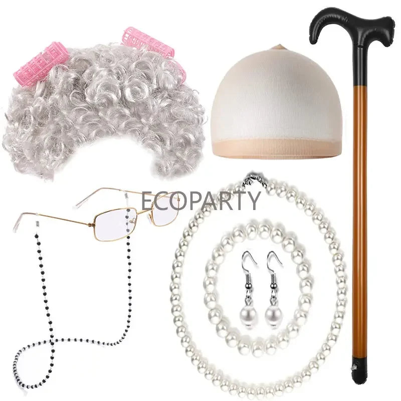 2023 Halloween Grandma Wig COS Grandma Short Curly Hair Curly Hair Rod Glasses Bracelet Crutch Middle and Old Age Skirt Dressing