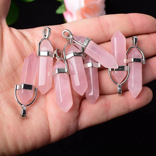 1PC Natural Crystal Mineral Ornament Rose Quartz Crystal Hexagonal Point Healing Stone Simple Pendant For Men Women Jewelry