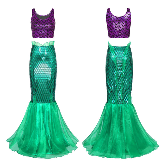 Women's Mermaid Cosplay Role Play Costumes Mermaid Tail Themed Party Fancy Dress Up Sleeveless Tank Top Tulle Fishtail Skirt Set