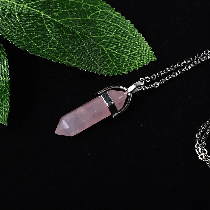 1PC Natural Crystal Mineral Ornament Rose Quartz Crystal Hexagonal Point Healing Stone Simple Pendant For Men Women Jewelry