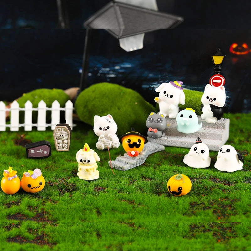 1Set Mini Halloween Ornament Cartoon Zombie Kitten Bat Ghost Candy Pumpkin Cross Micro Landscape Decor Dollhouse Miniature Toy