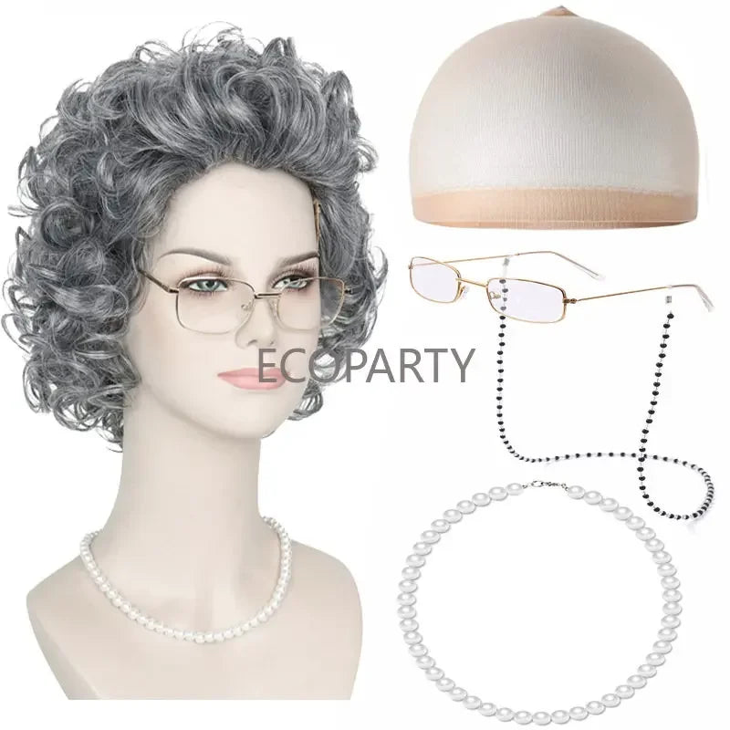 2023 Halloween Grandma Wig COS Grandma Short Curly Hair Curly Hair Rod Glasses Bracelet Crutch Middle and Old Age Skirt Dressing