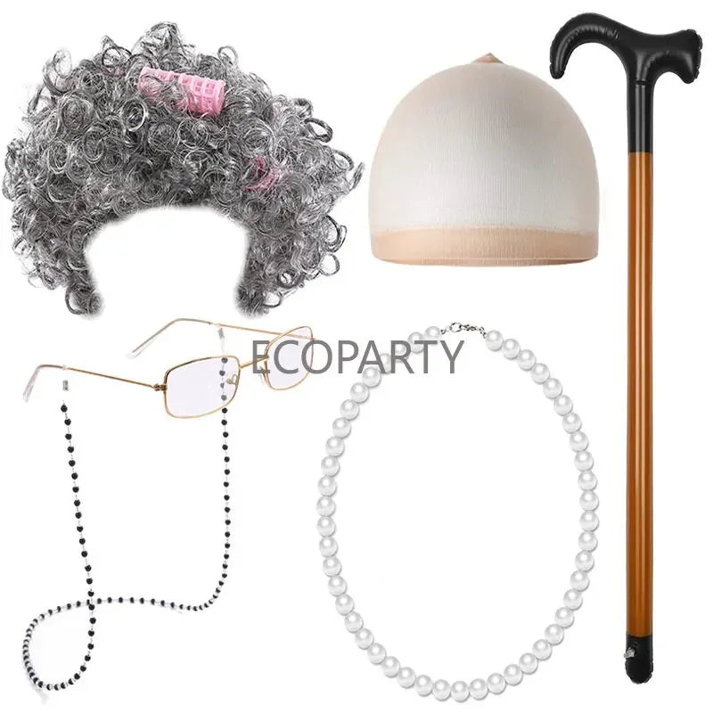 2023 Halloween Grandma Wig COS Grandma Short Curly Hair Curly Hair Rod Glasses Bracelet Crutch Middle and Old Age Skirt Dressing