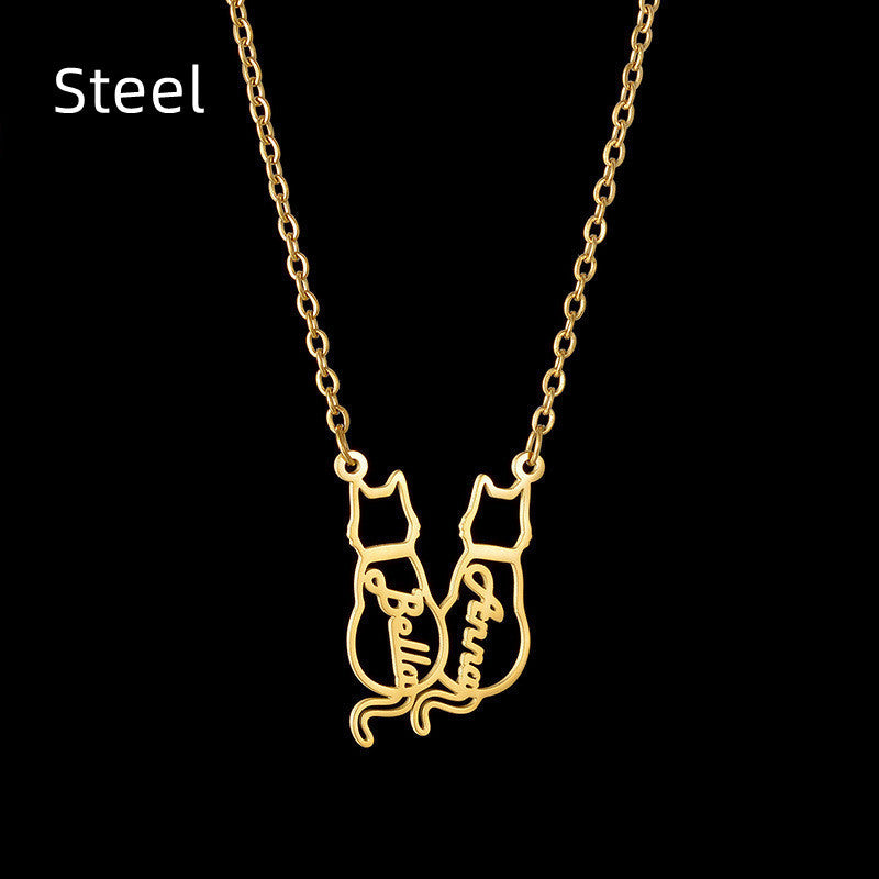 Titanium Cute Kitten Monogrammed Necklace