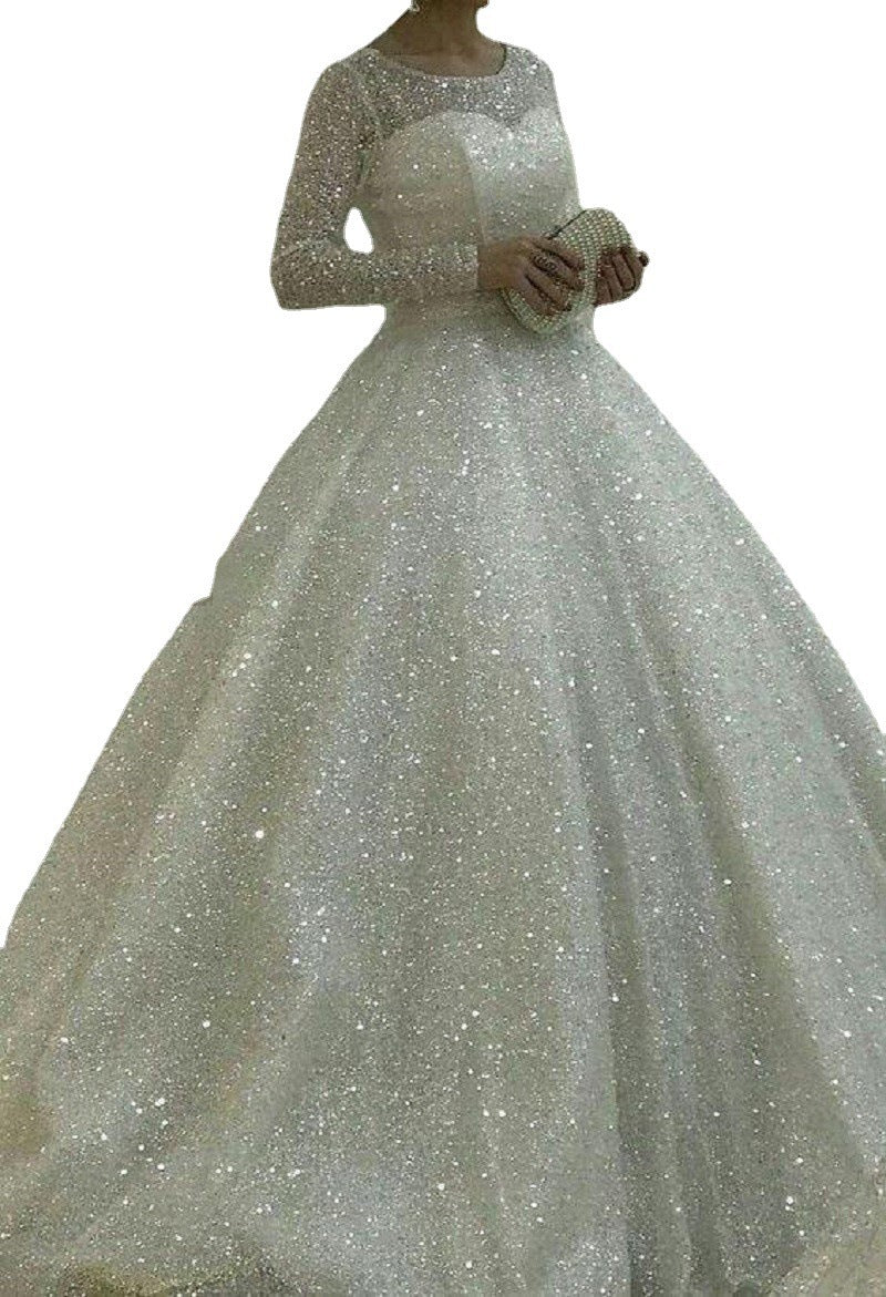 Tulle Sequined Plus Size Long Sleeve Glittering Ball Gown