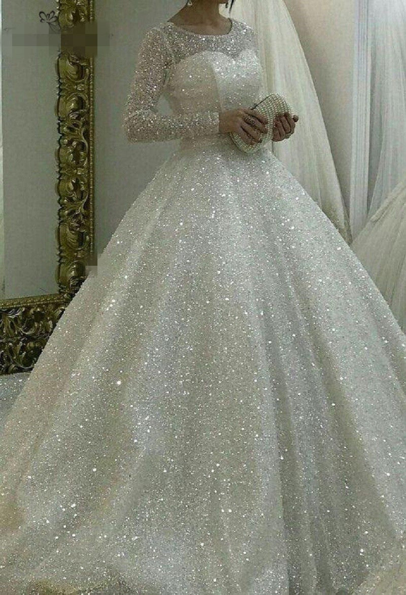 Tulle Sequined Plus Size Long Sleeve Glittering Ball Gown